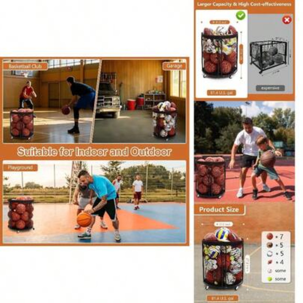 Sports Equipment Basketball - 頑丈なボール収納カート（サッカー、バスケットボール、バレーボール、フットボール用）、車輪付きローリングボールホルダーラック（ガレージ、ジム、裏庭用）、ポータブルスポーツ用品オーガナイザー、屋内屋外兼用、ブラック